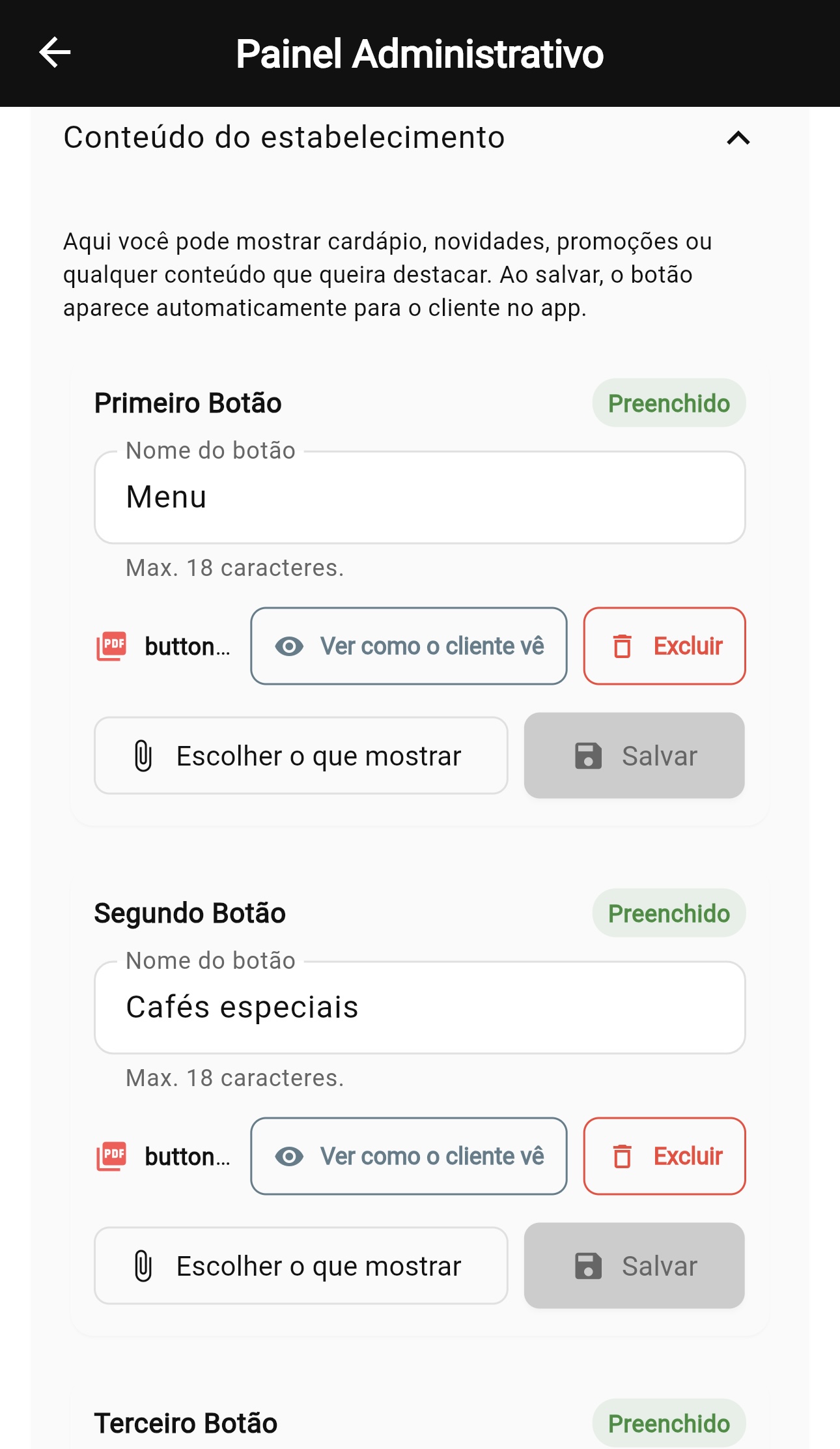Painel administrativo do estabelecimento